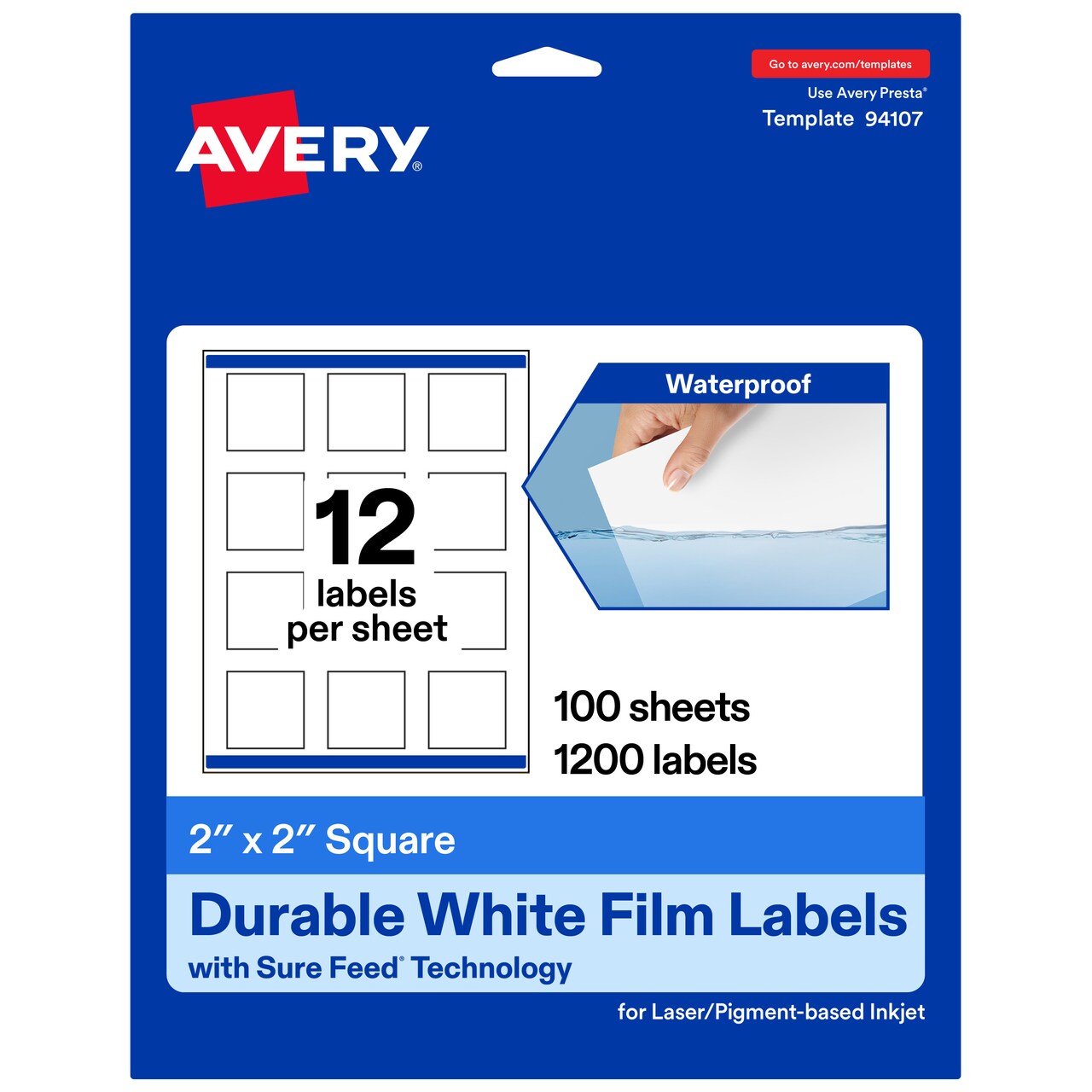 Avery Durable Waterproof Square Labels with Sure Feed, 2" x 2"